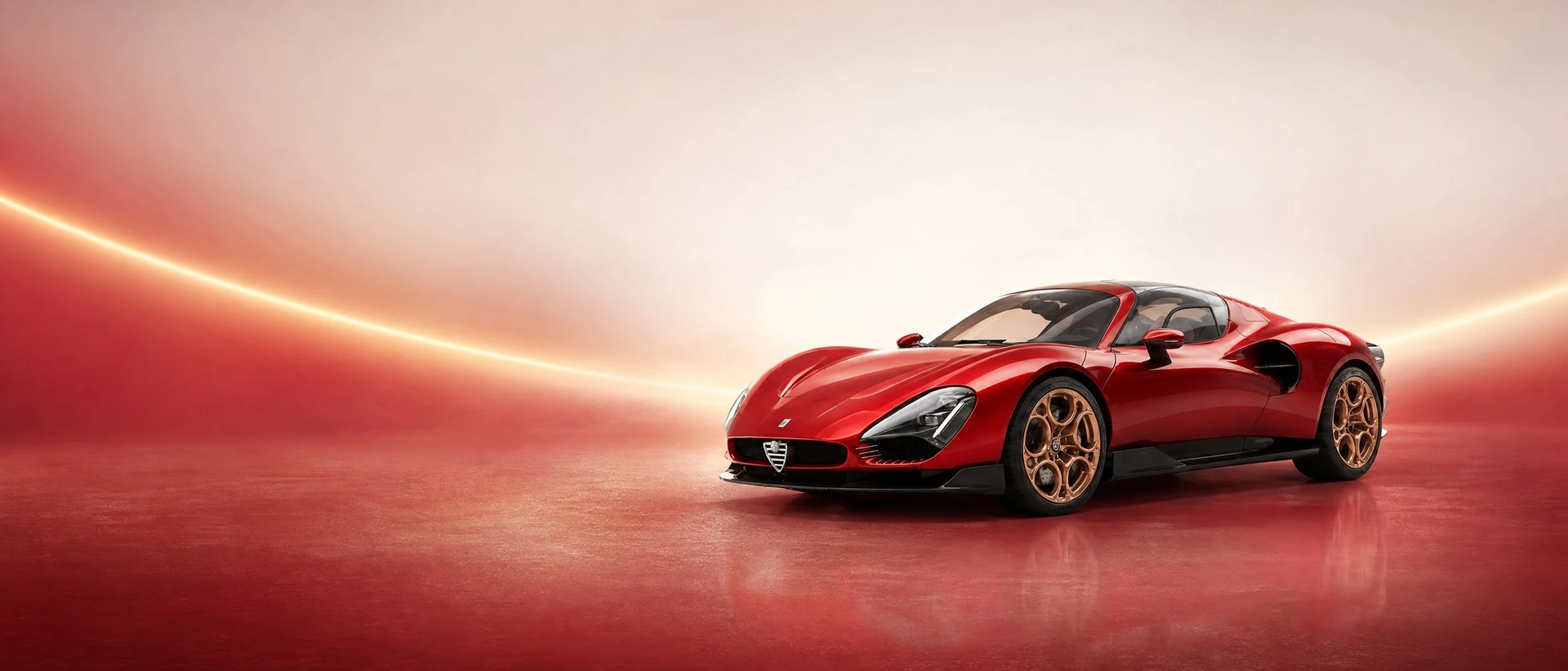 A red Alfa Romeo 33 Stradale (2024), front three-quarter view on a rosso-to-ivory field with a crescent of light