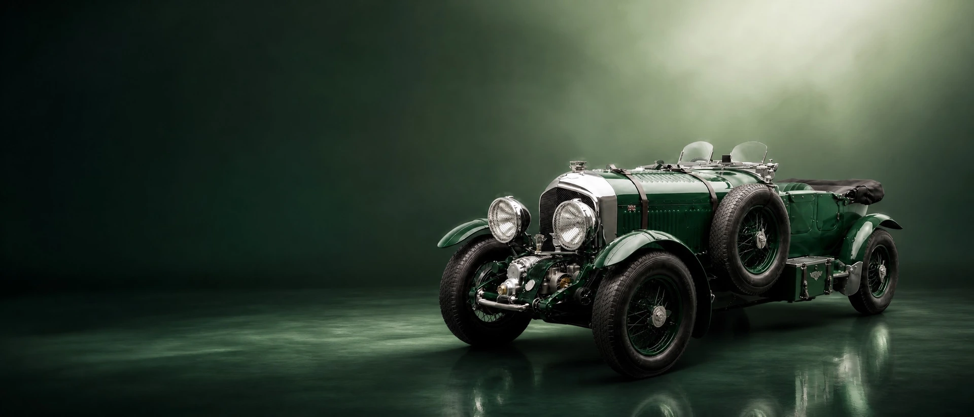 A dark green Bentley 4½ Litre, front three-quarter view on a dark green field opening to sage light