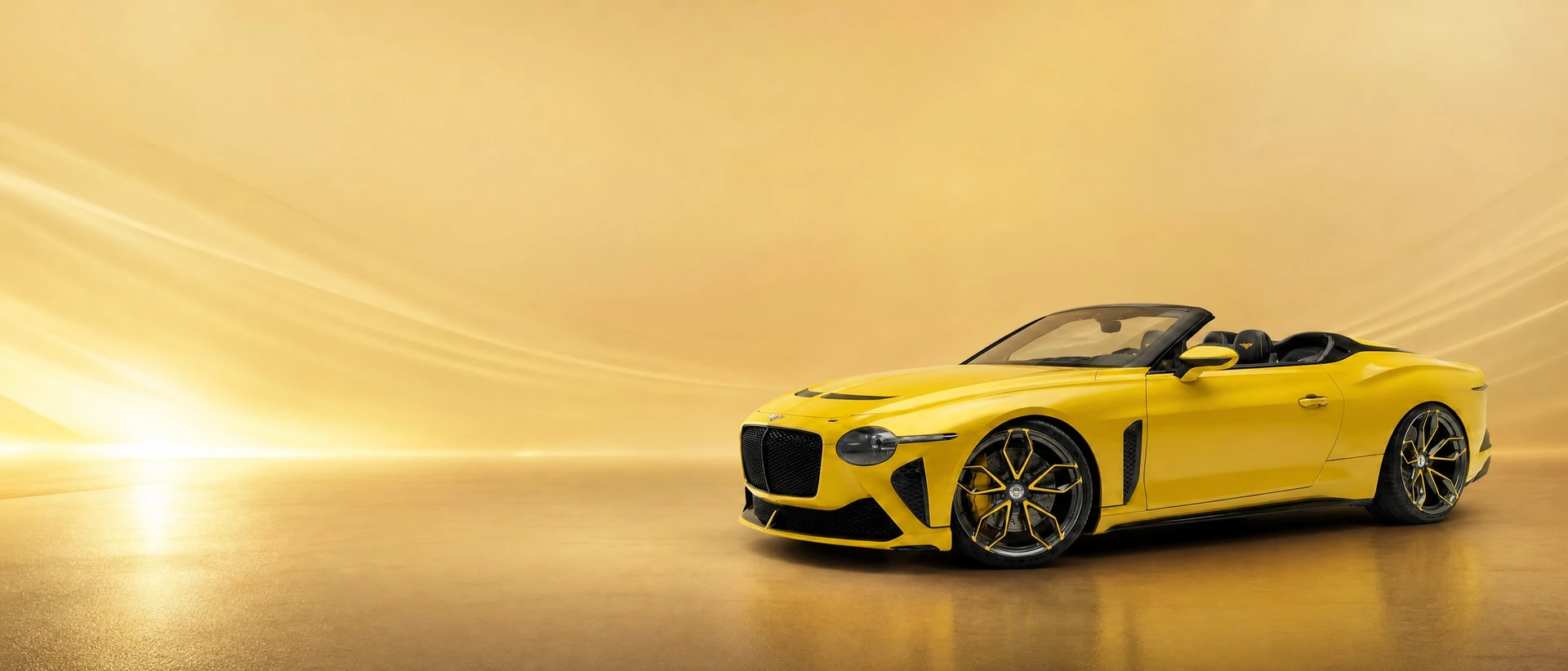A yellow Bentley Mulliner Bacalar, front three-quarter view on a sand-gold field with soft dune light