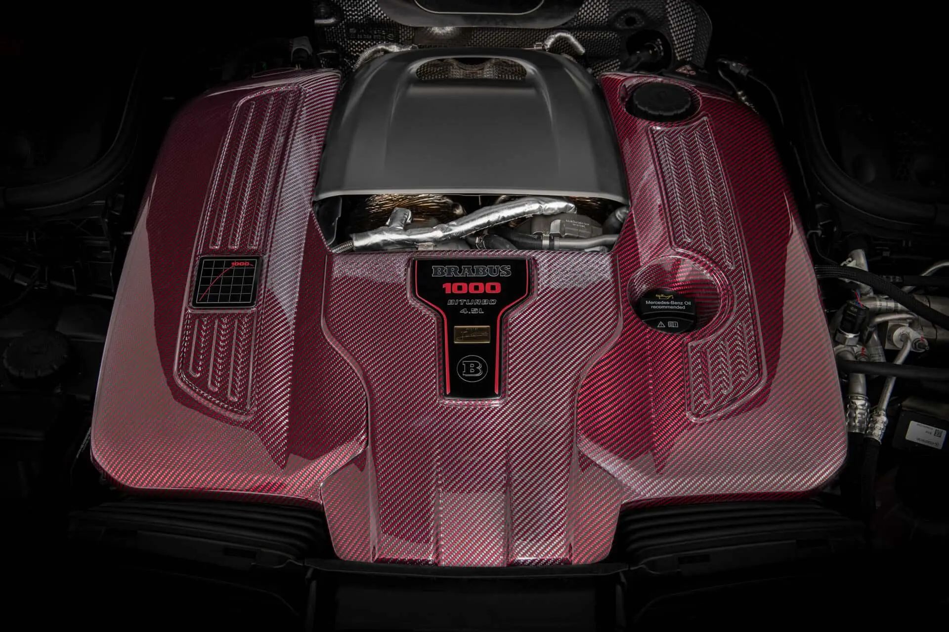 Brabus Rocket GTS engine bay with red-carbon covers over the 4.5-litre biturbo V8