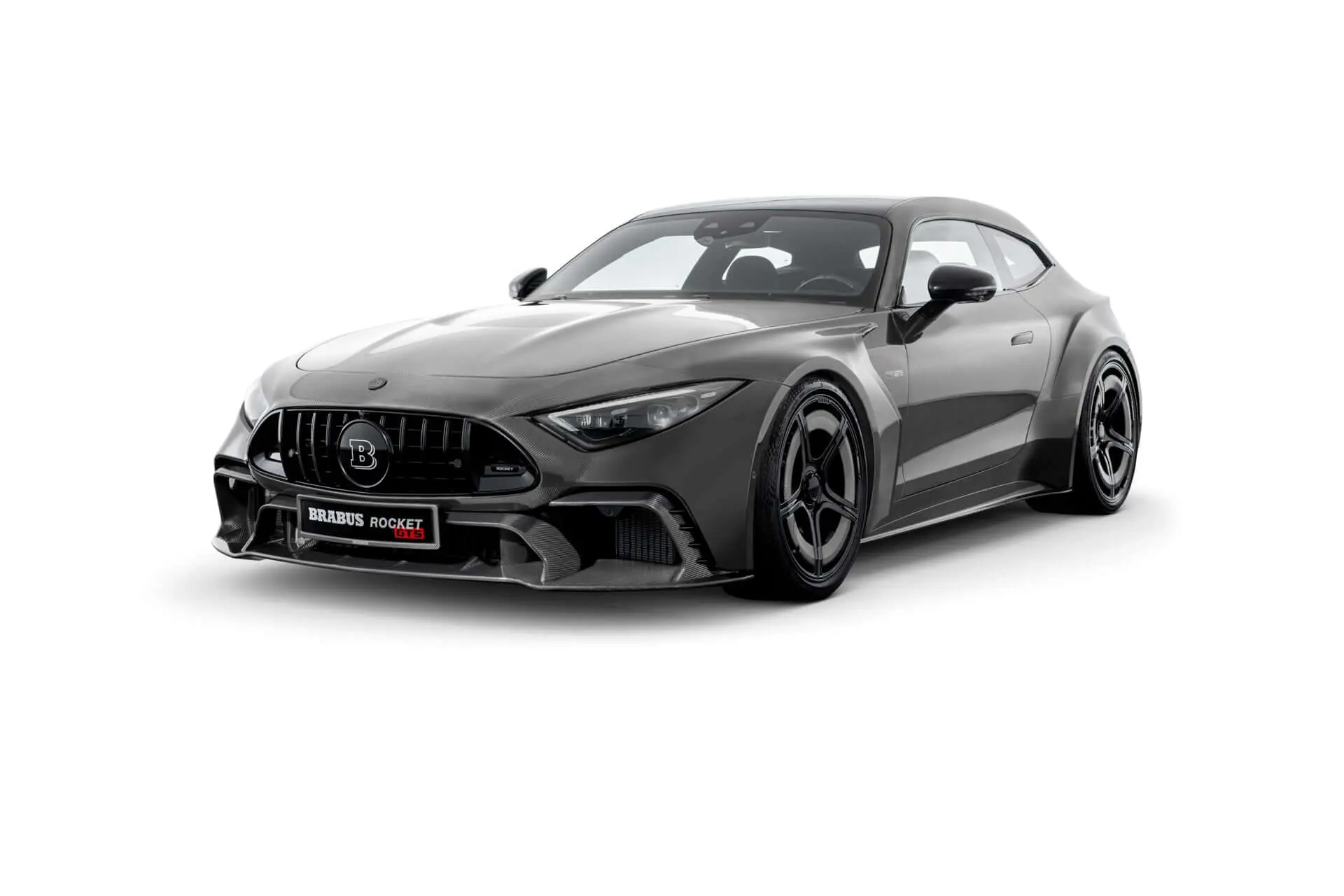 Brabus Rocket GTS in exposed anthracite carbon, front three-quarter studio view