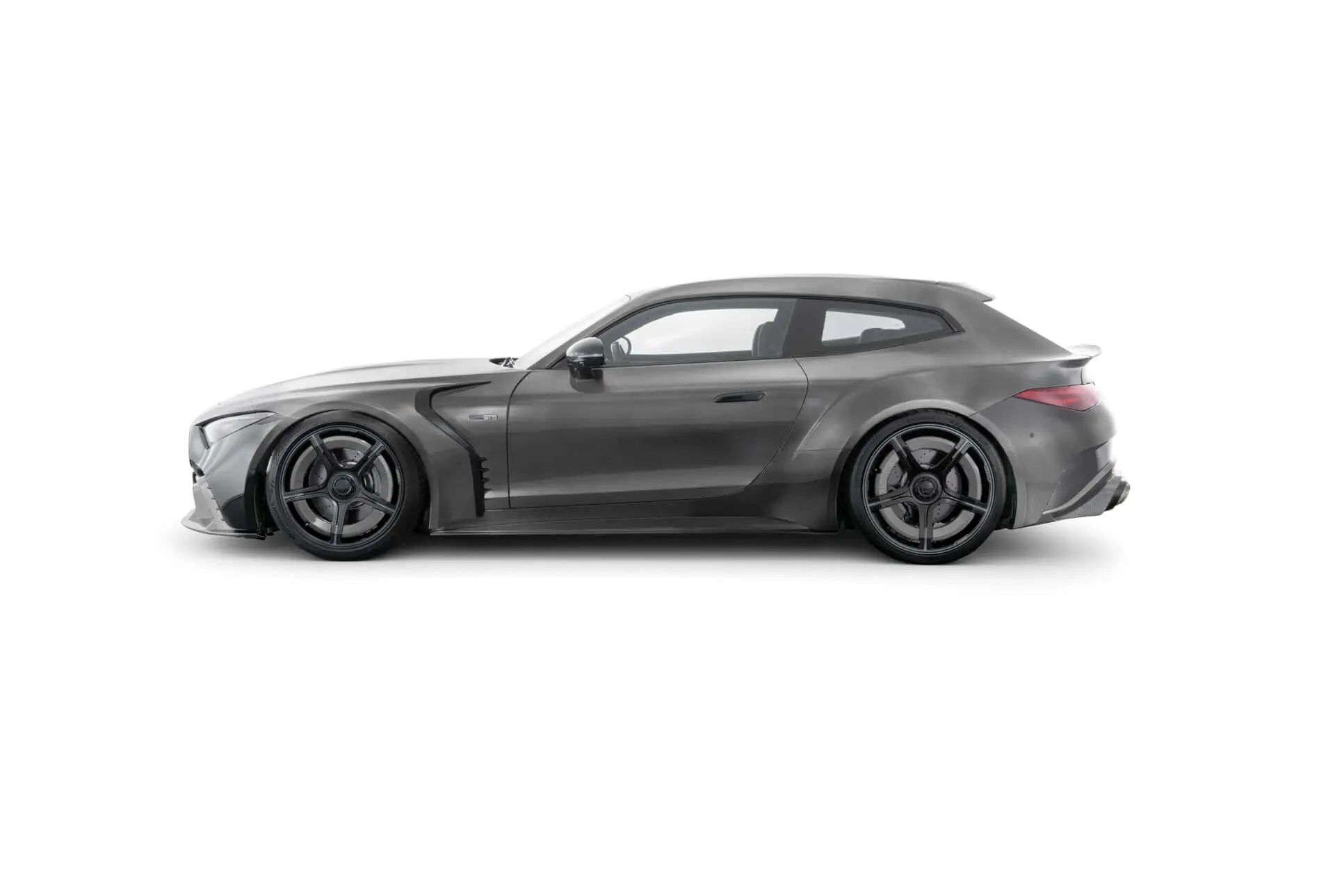 Brabus Rocket GTS shooting brake in side profile, carbon widebody and ducktail spoiler