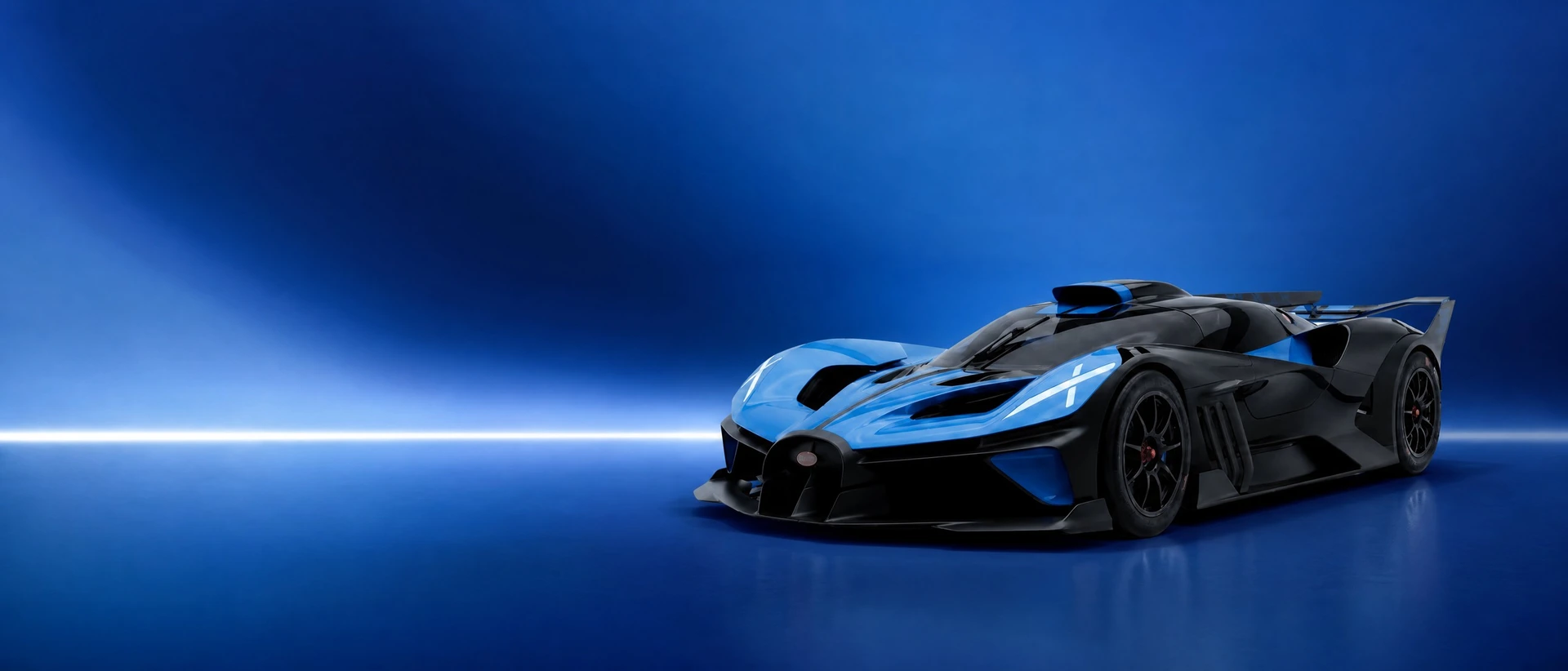 A blue Bugatti Bolide, front three-quarter view on a cobalt field with a white blade of light
