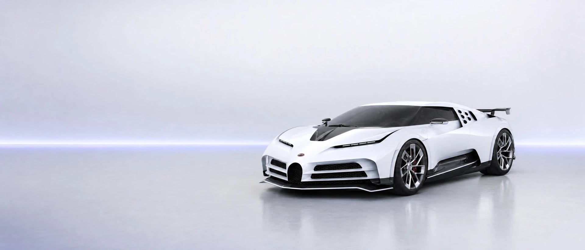 A pale silver Bugatti Centodieci, front three-quarter view on a pearl field with an indigo light bar