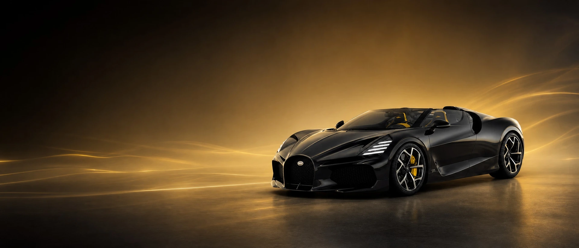A yellow and black Bugatti W16 Mistral, front three-quarter view on a golden field with wind-blown light