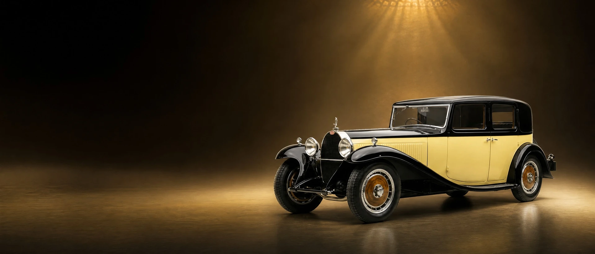 A black Bugatti Type 41 Royale, front three-quarter view on a black-honey field with chandelier glow