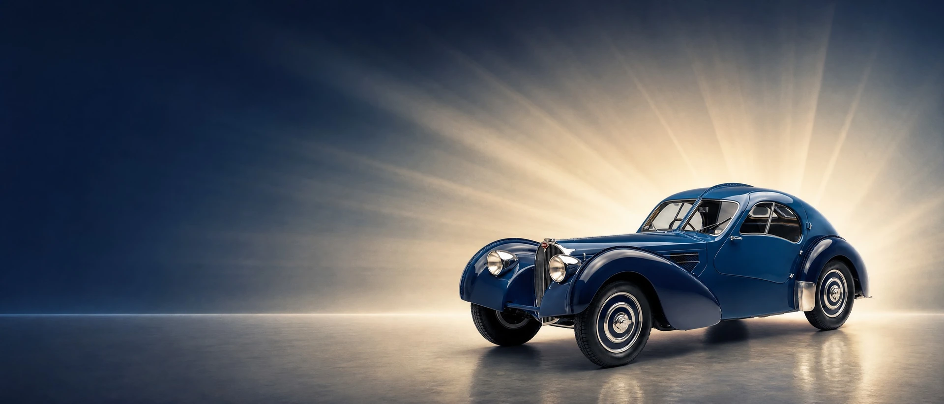 A dark Bugatti Type 57 SC Atalante, front three-quarter view on a field with an art-deco sunburst