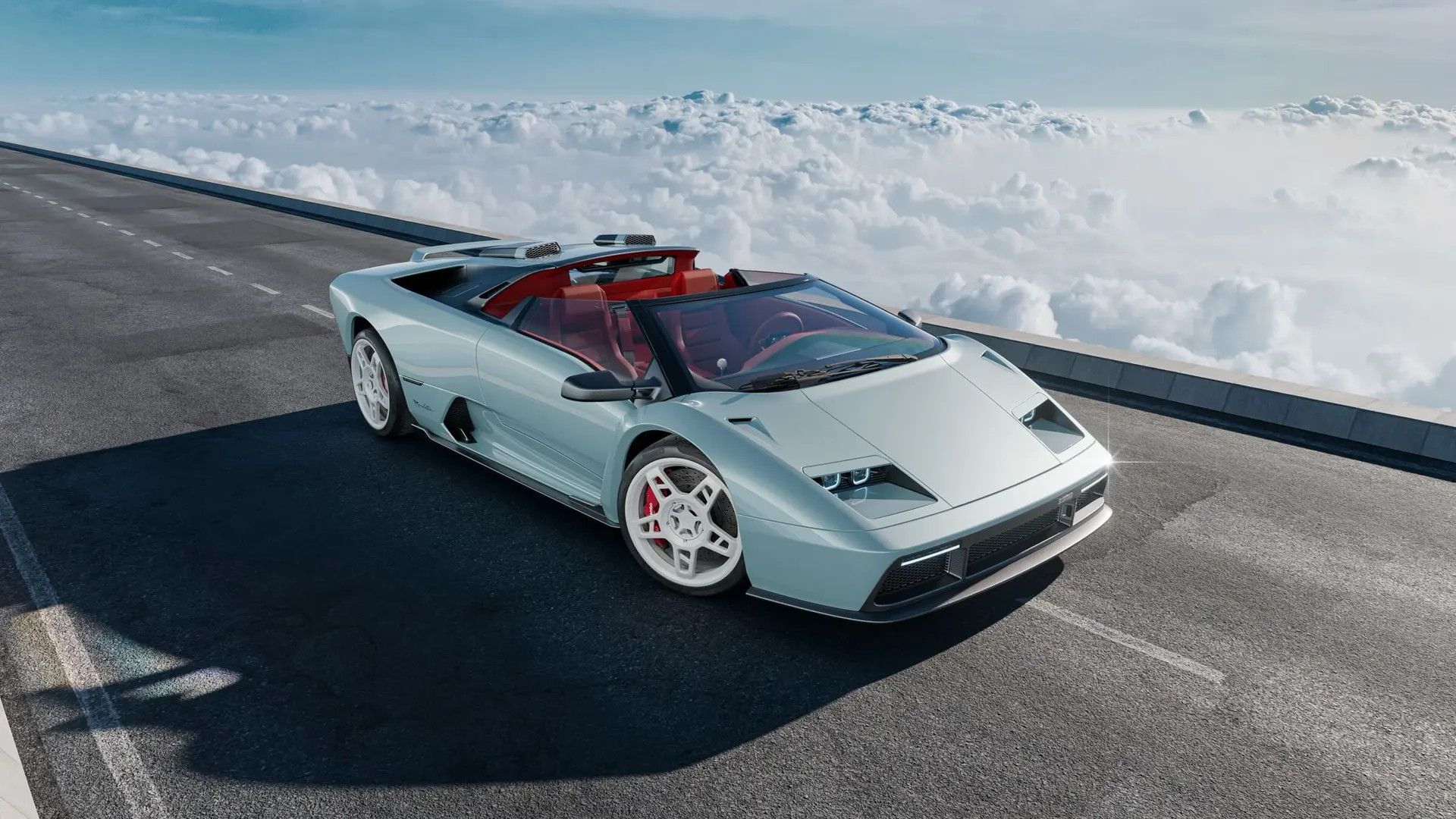 Eccentrica V12 Roadster in pale glacier blue with red interior, elevated front three-quarter view
