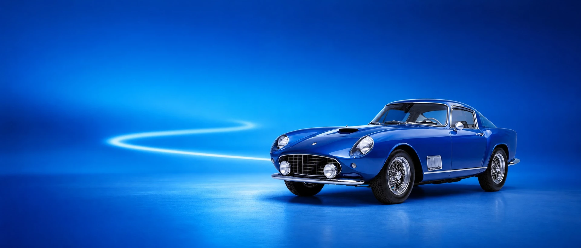A blue Ferrari 250 GT Tour de France berlinetta, front three-quarter view on a blue field with a winding light ribbon