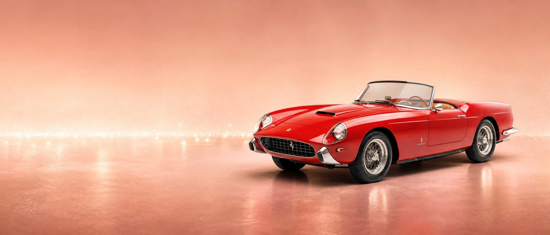 A Ferrari 250 GT Cabriolet by Pininfarina, front three-quarter view on a rose-gold field with horizon sparkle