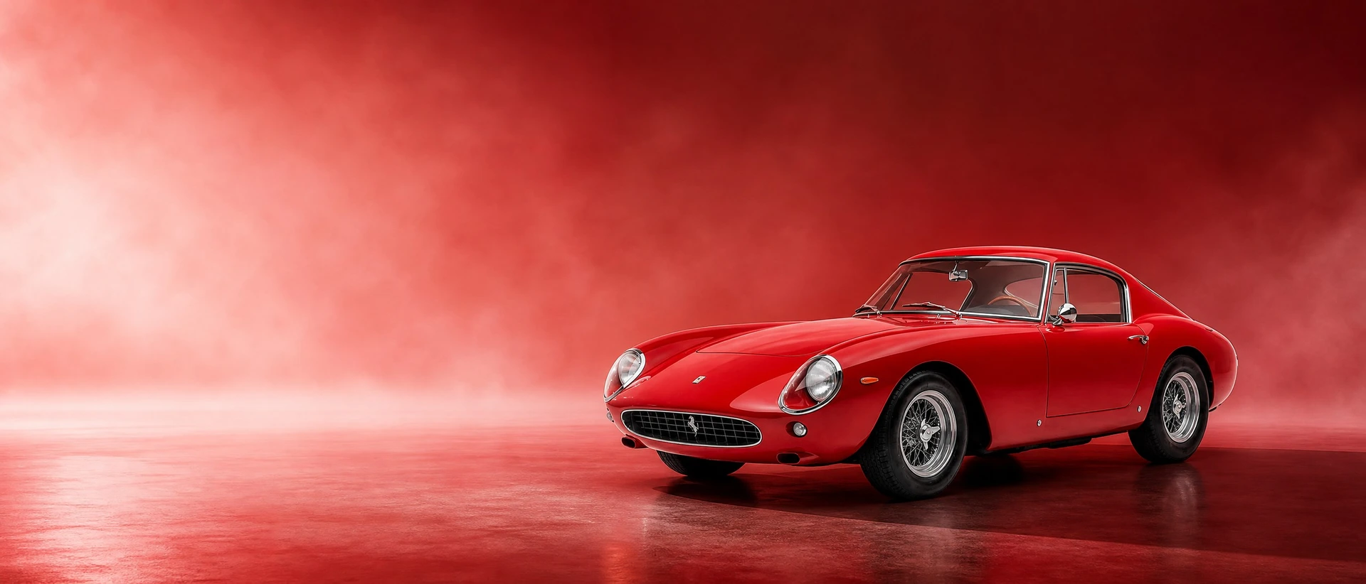 A red Ferrari 250 GT SWB Berlinetta, front three-quarter view on a deep-red field with morning light