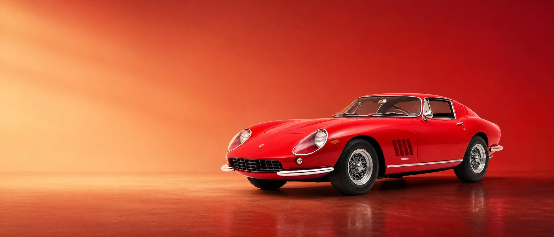 A red Ferrari 275 GTB/4, front three-quarter view on a terracotta-rosso field