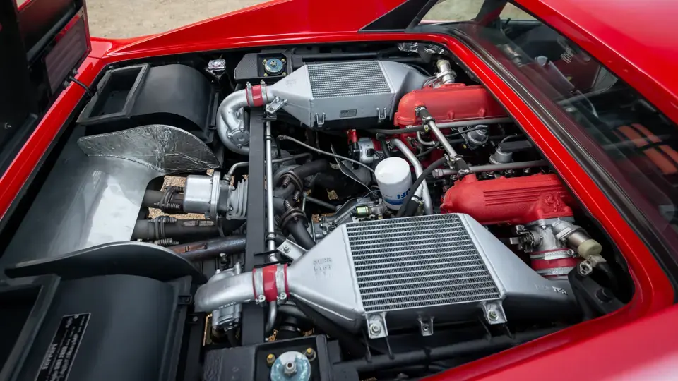 GTO chassis 56773 engine bay with the twin-turbo V8 and intercoolers visible