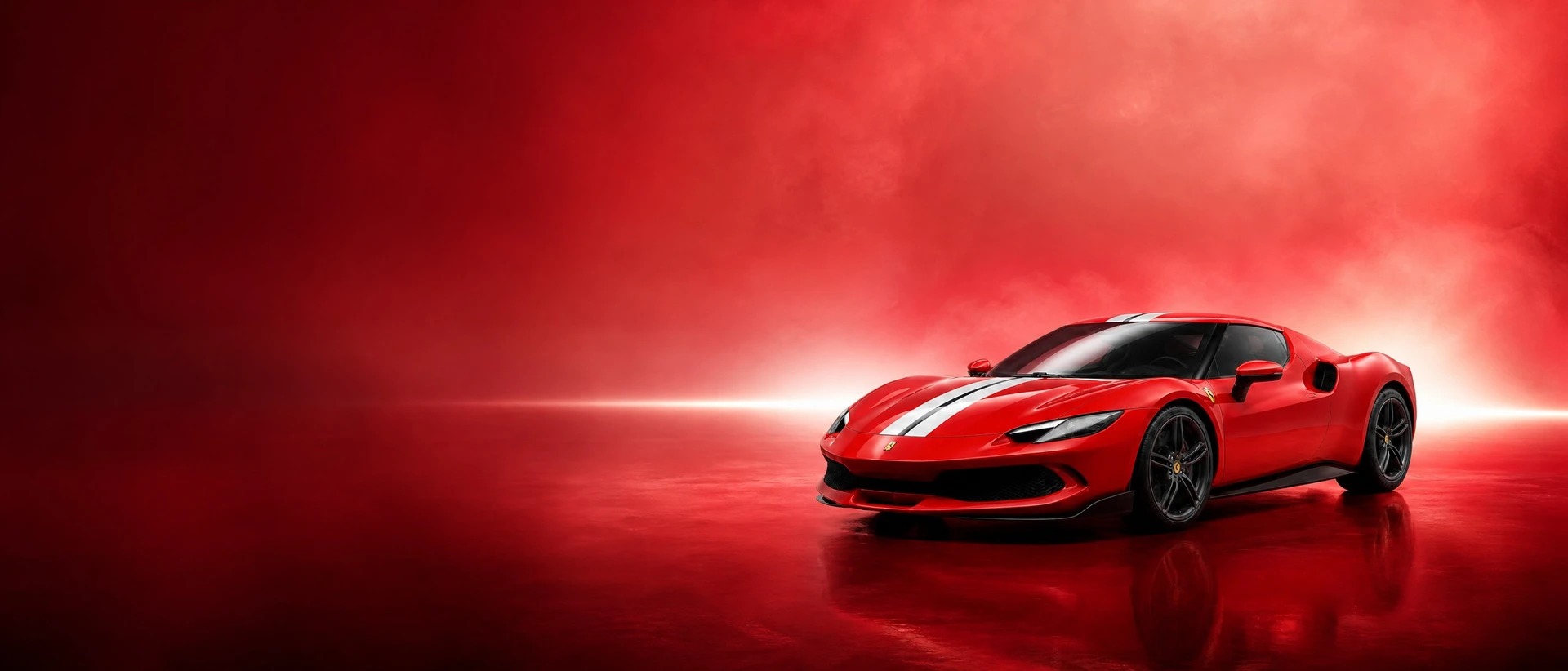 A red Ferrari 296 Speciale, front three-quarter view on a crimson field with a flash of white light