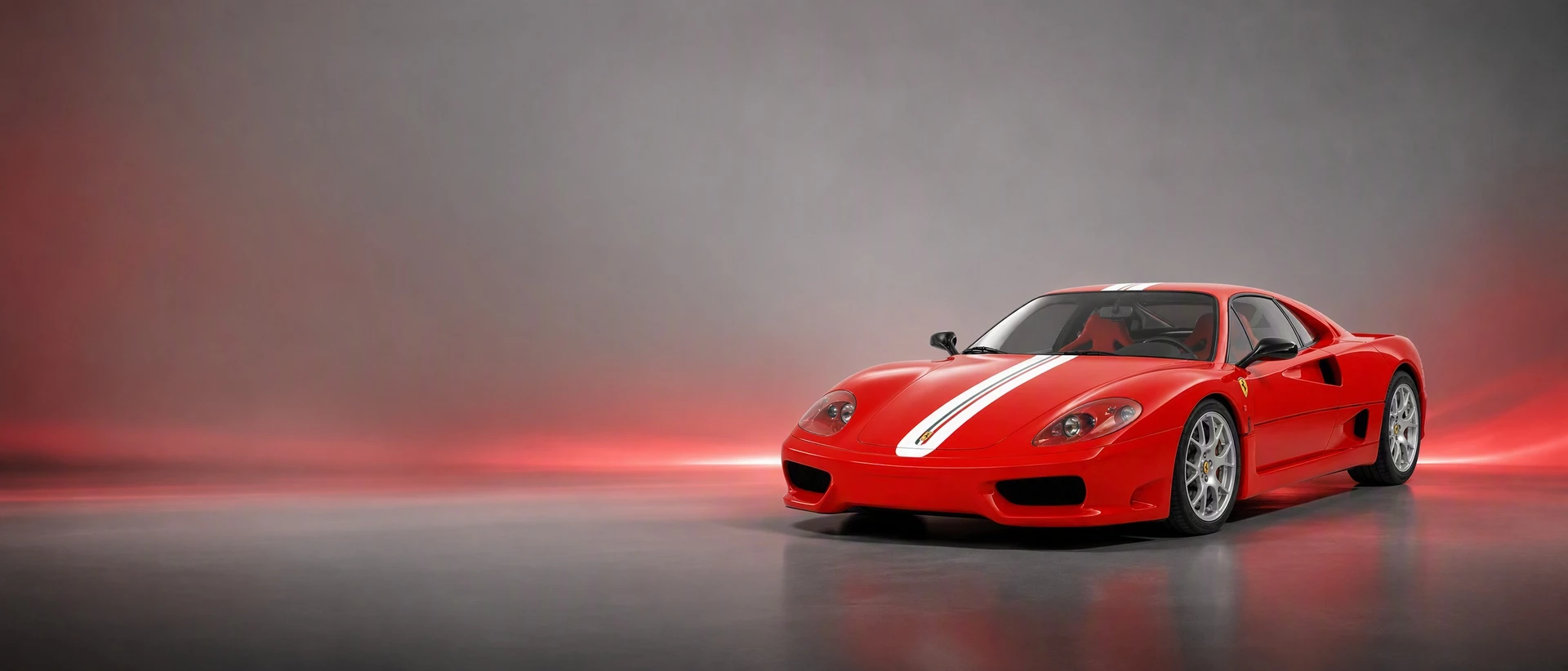 A red Ferrari 360 Challenge Stradale, front three-quarter view on a titanium field with a red light accent