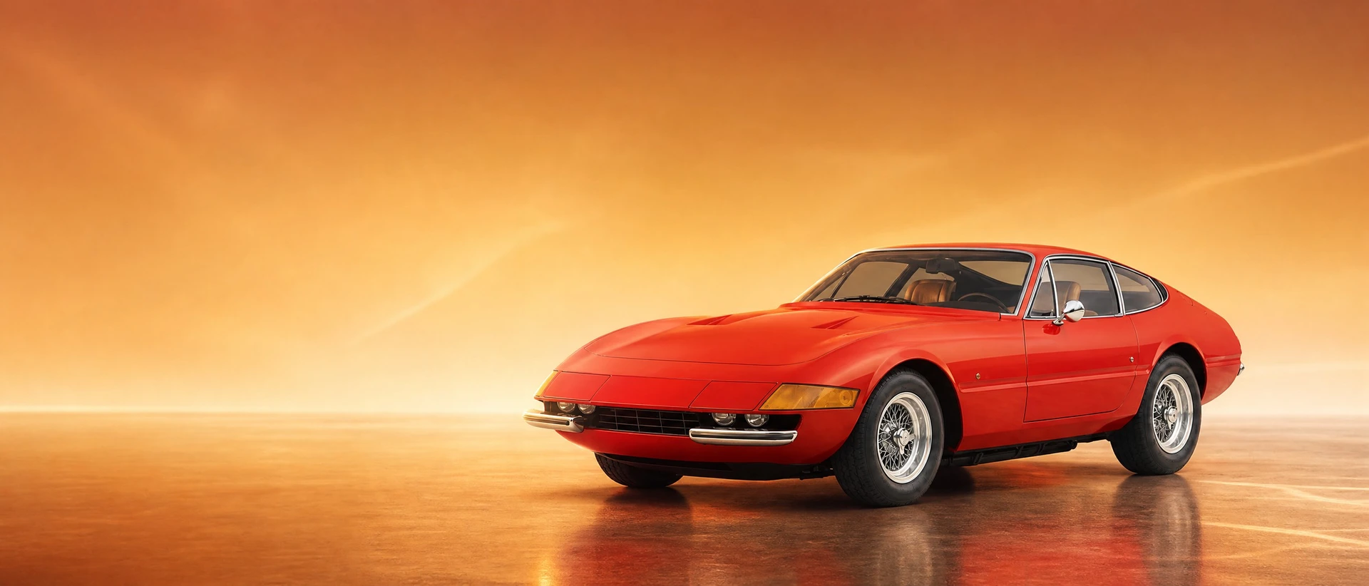 A red Ferrari 365 GTB/4 Daytona, front three-quarter view on a glowing amber field