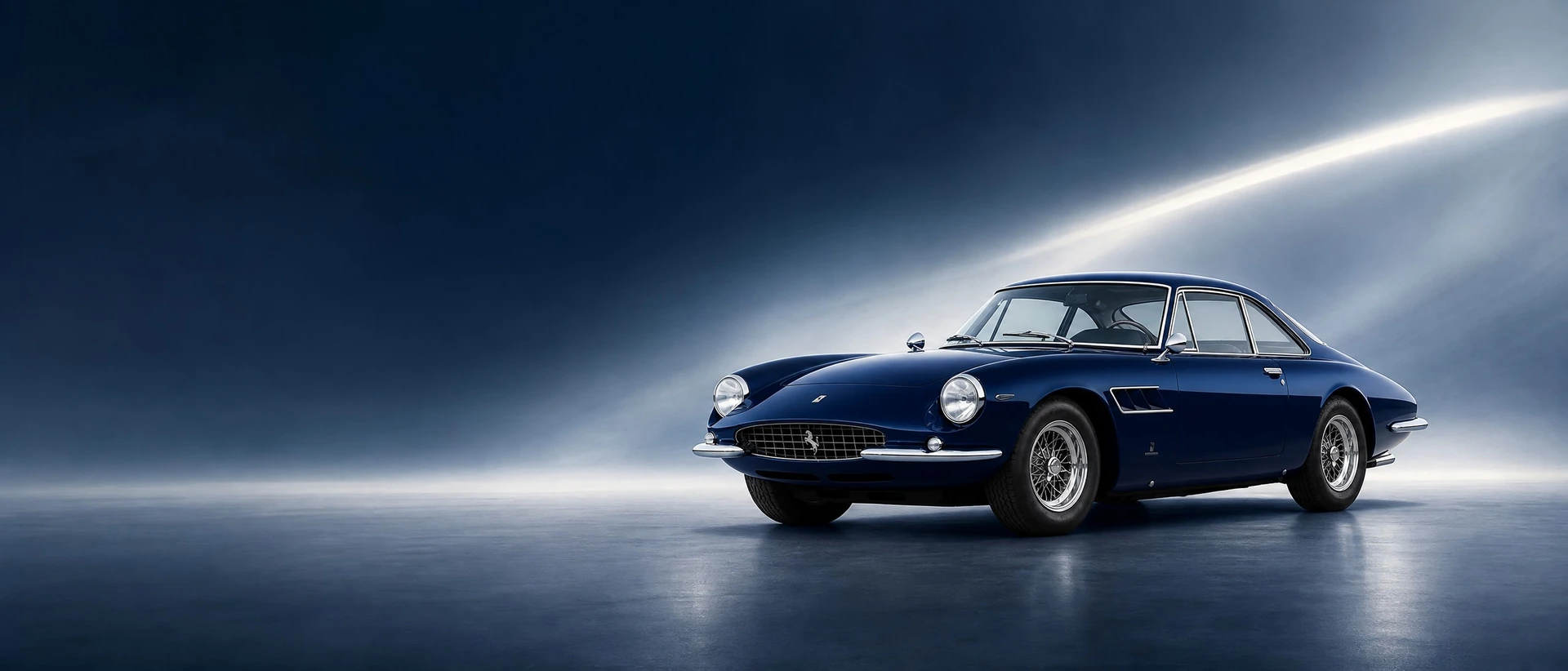 A dark blue Ferrari 500 Superfast, front three-quarter view on a navy field with a jet-age light streak