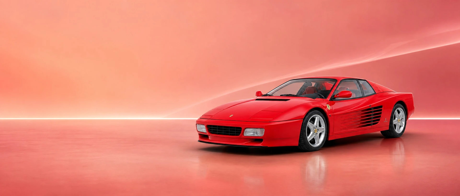 A red Ferrari 512 TR, front three-quarter view on a pastel field with a neon-white line