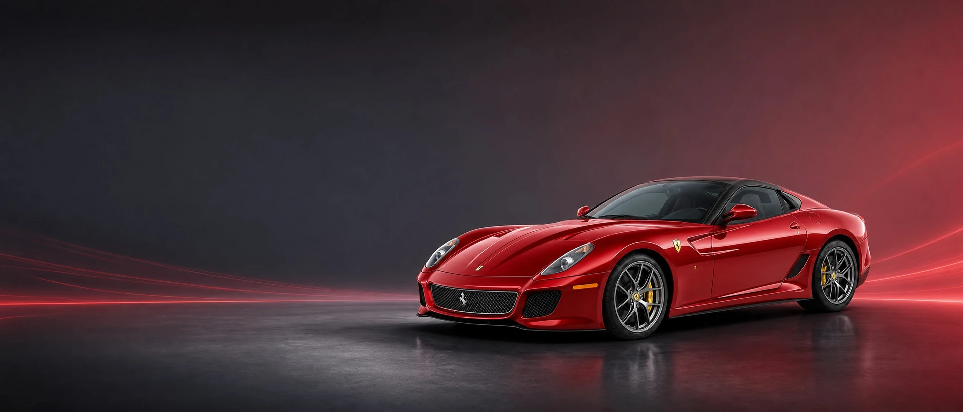 A red Ferrari 599 GTO with a dark roof, front three-quarter view on a graphite field with telemetry light