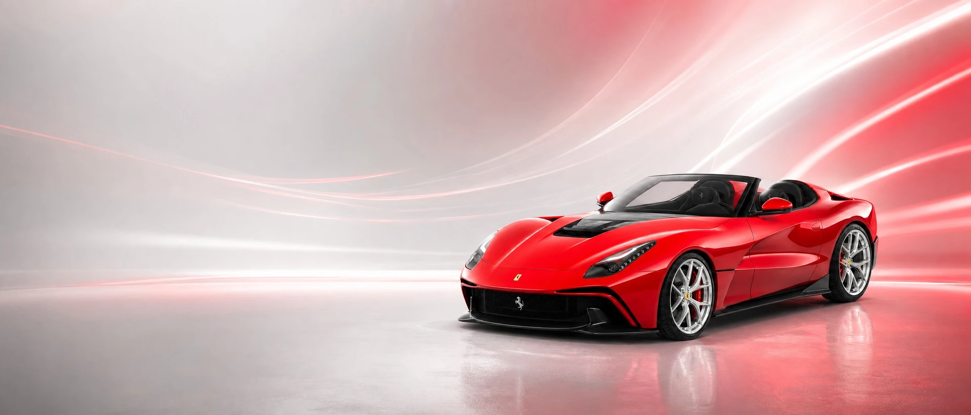 A red Ferrari F12 TRS barchetta, front three-quarter view on a silver field with wind-stream light