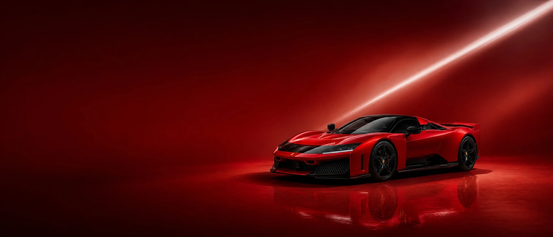 A dark red Ferrari F80, front three-quarter view on a crimson field with a cool blade of light