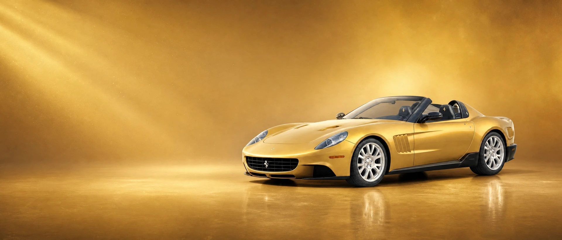 A gold Ferrari P540 Superfast Aperta, front three-quarter view on a golden field with drifting light dust
