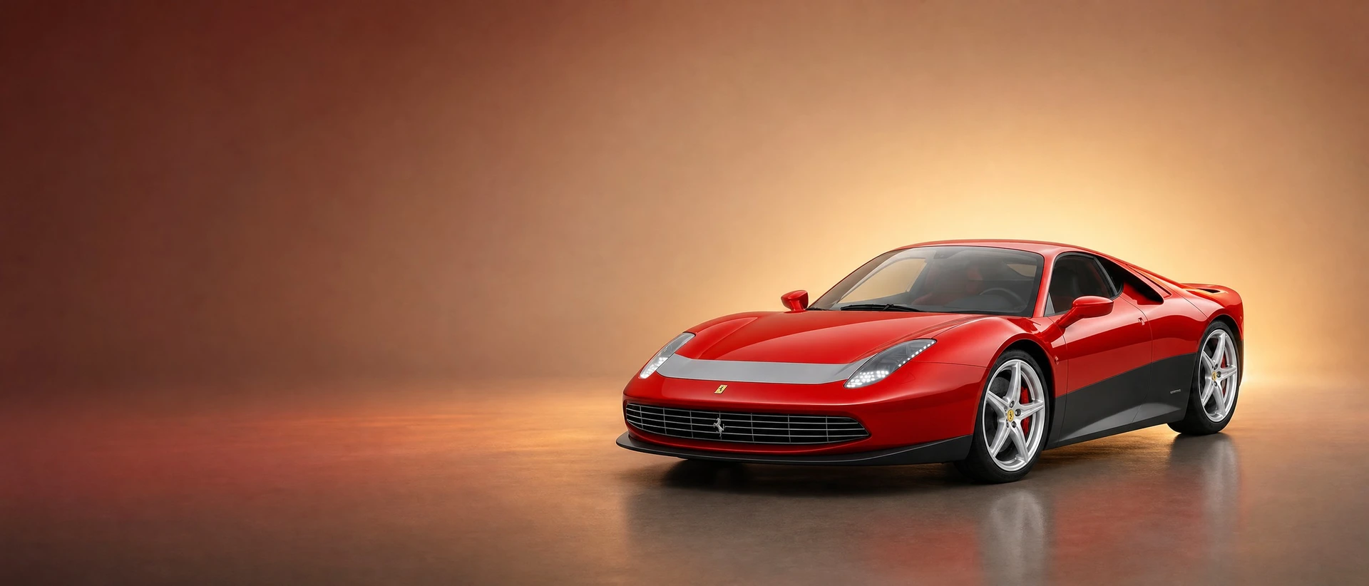 A red Ferrari SP12 EC, front three-quarter view on a crimson-ember field with a golden stage glow