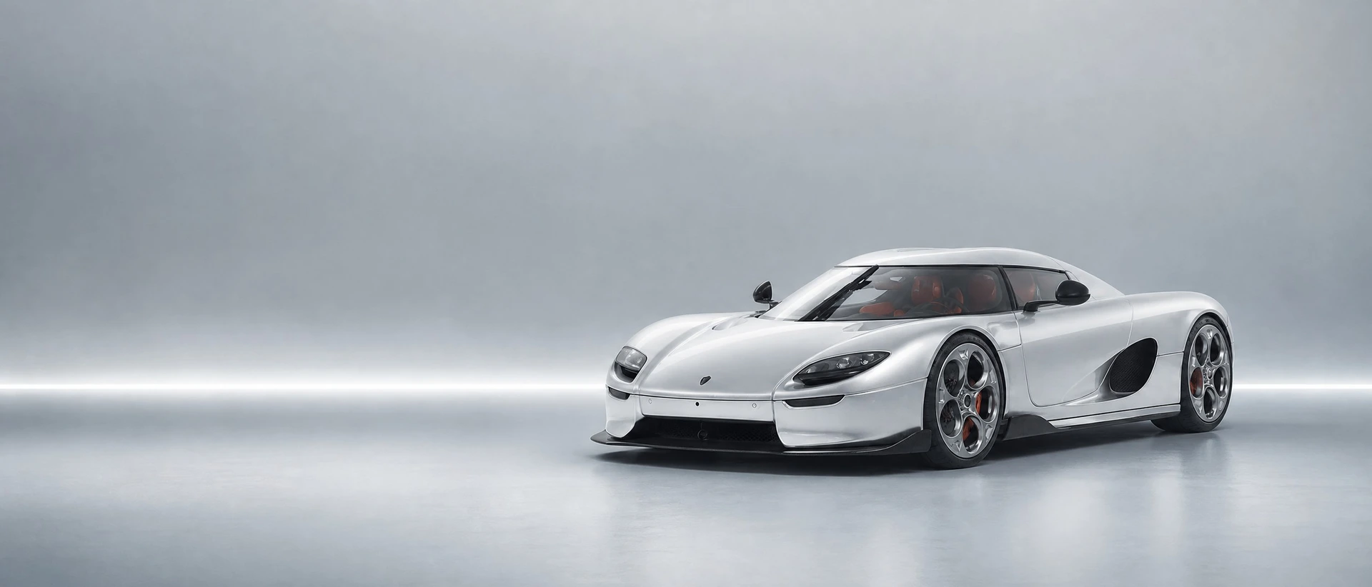 A silver Koenigsegg CC850, front three-quarter view on a pale-steel field with a precise light line