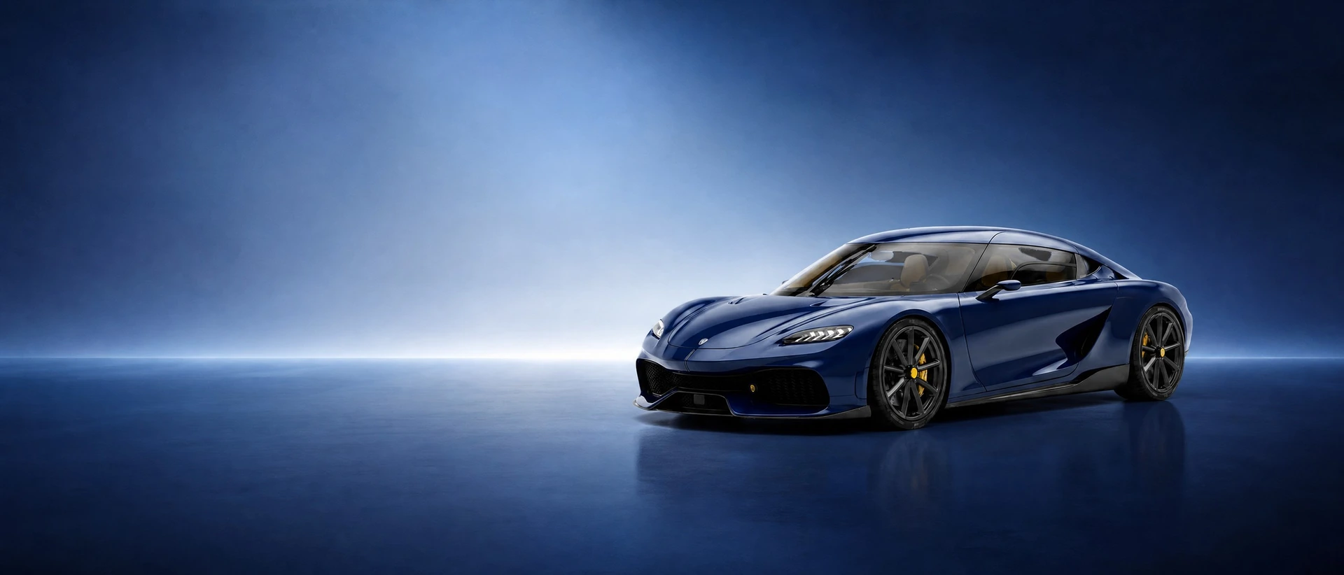 A dark blue Koenigsegg Gemera, front three-quarter view on a navy field with a luminous horizon