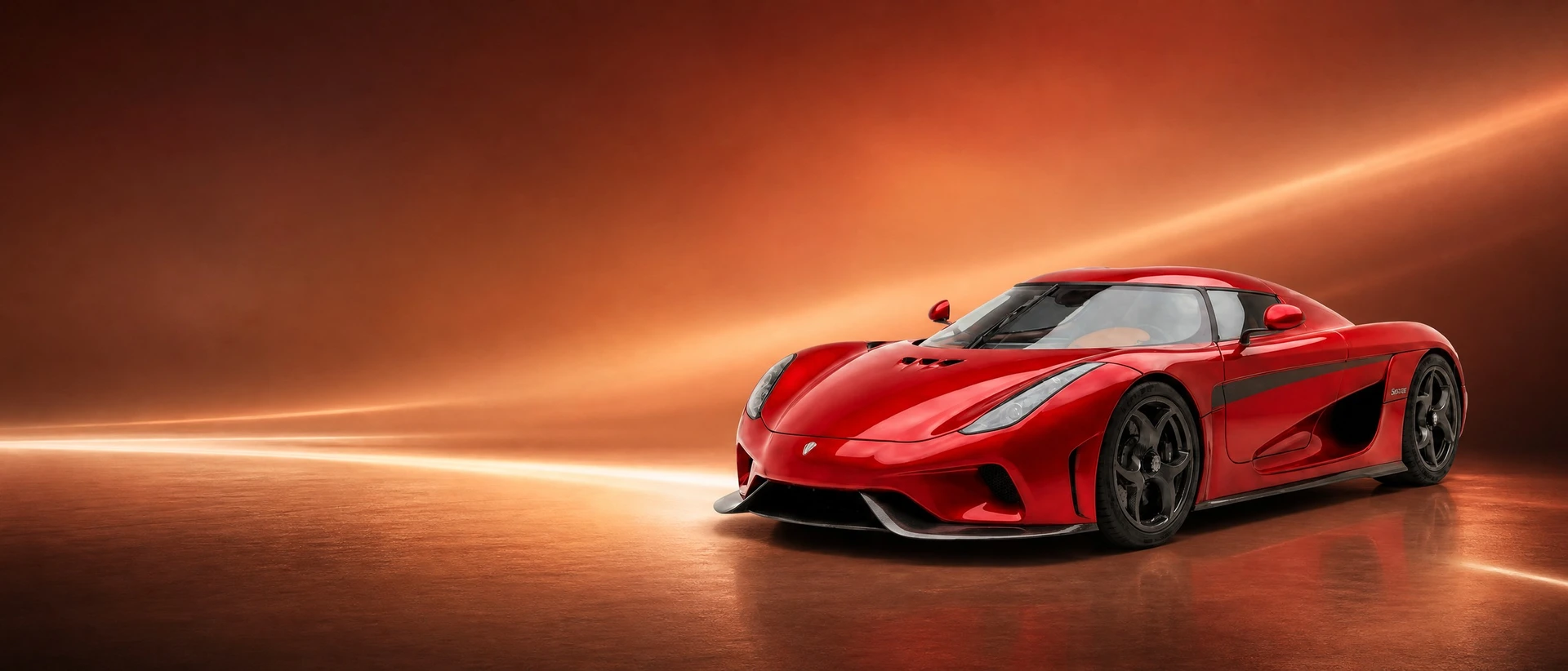 A metallic red Koenigsegg Regera, front three-quarter view on a bronze field with an unbroken light surge