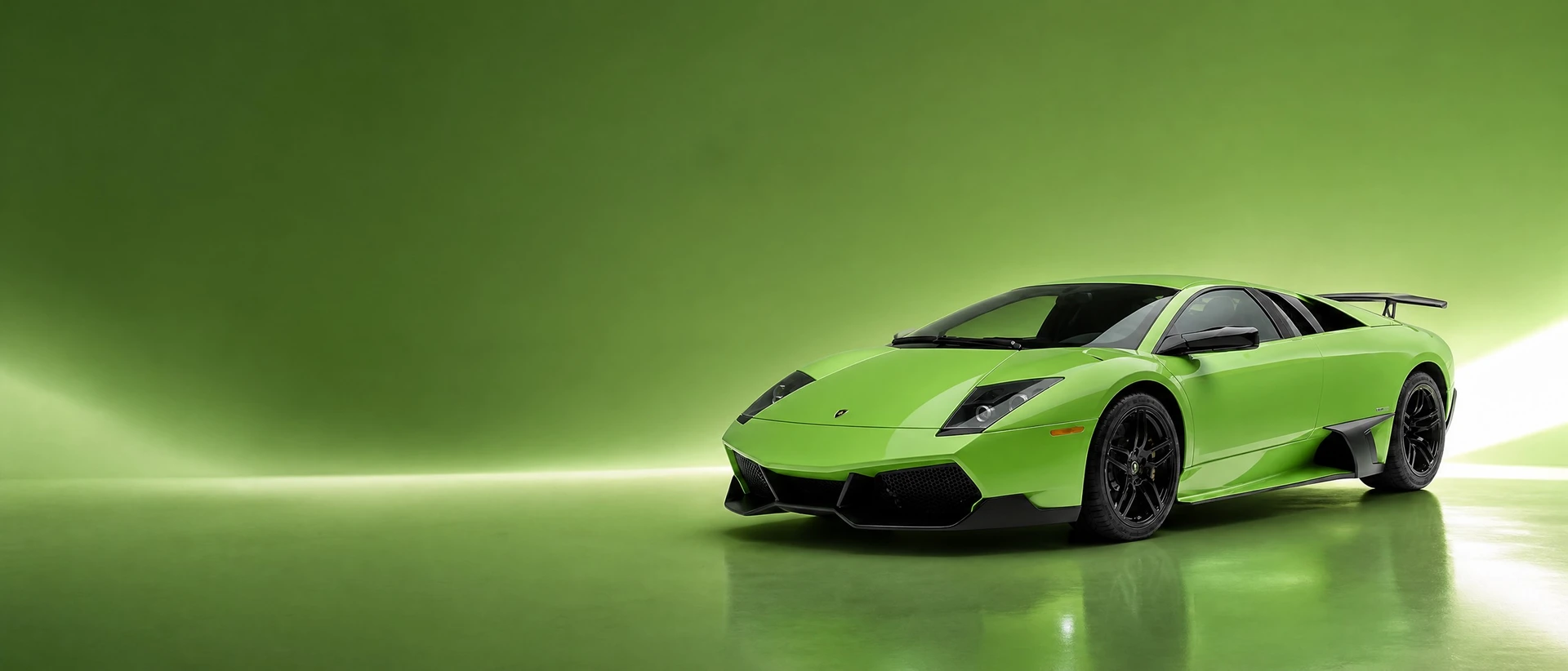 A bright green Lamborghini Murcielago, front three-quarter view on a verde field with a white wedge of light