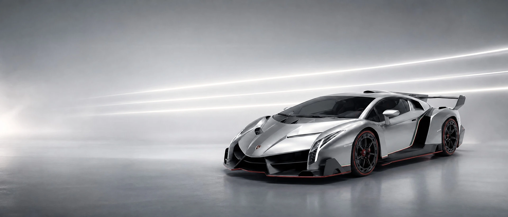 A silver-grey Lamborghini Veneno, front three-quarter view on a steel field with parallel blades of light