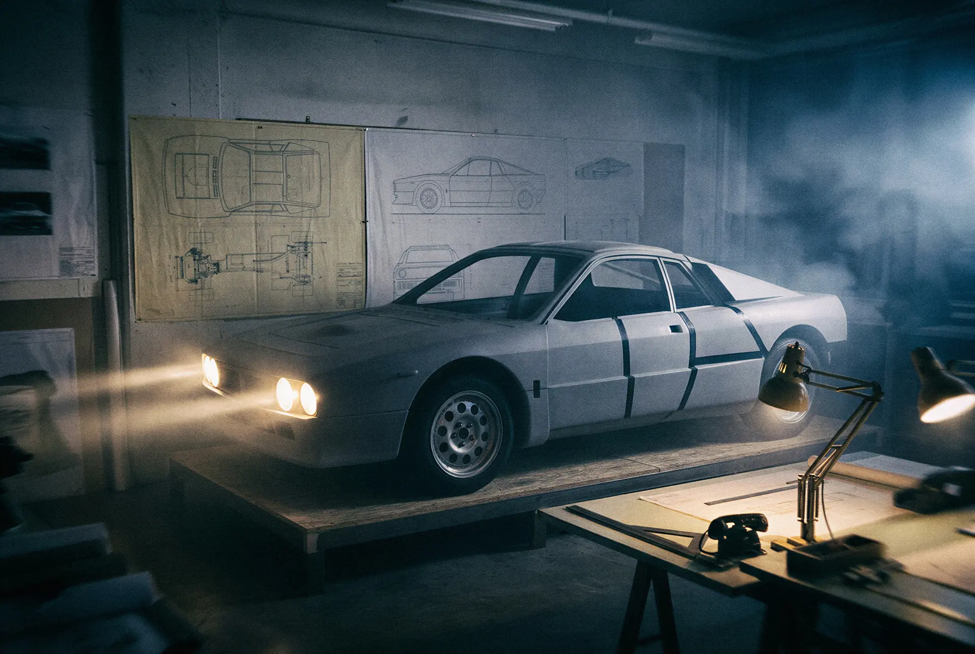 Editorial artwork depicting Abarth SE037 prototype development