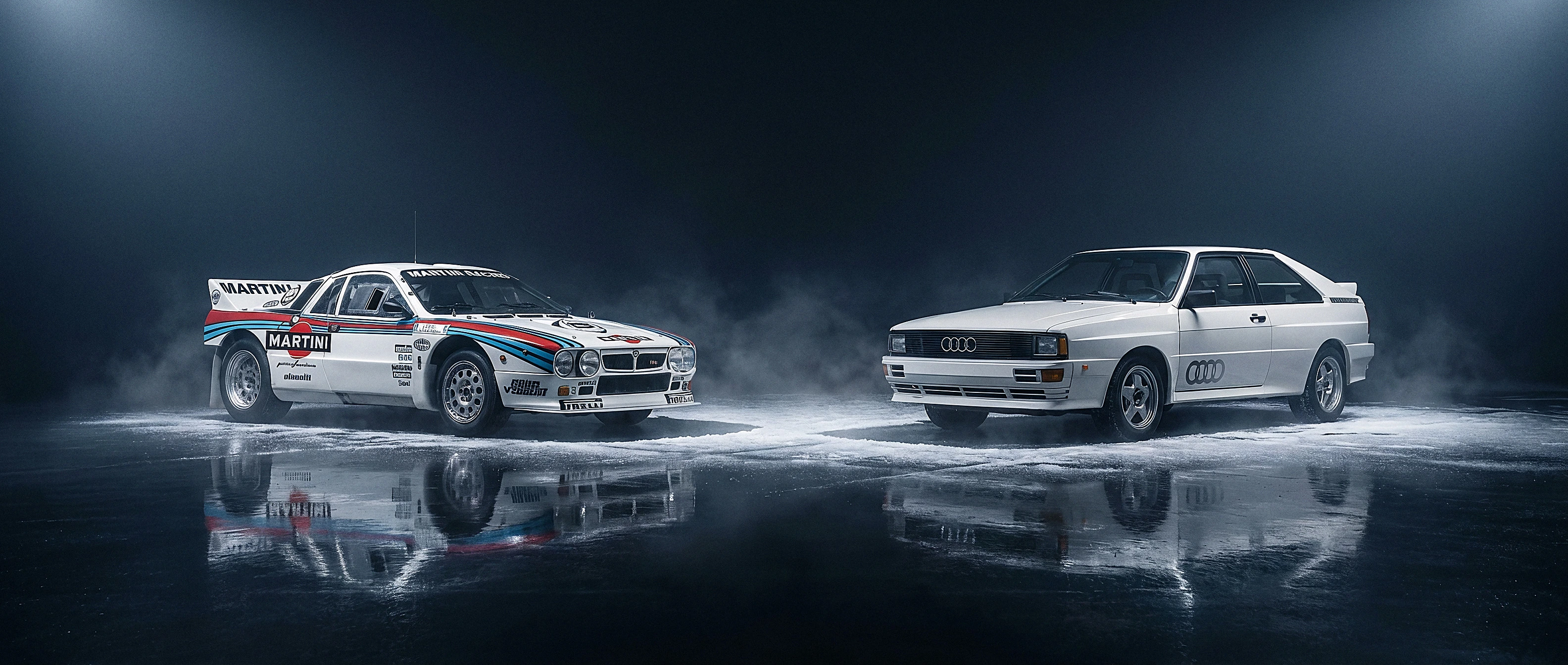 Lancia Rally 037 and Audi quattro facing across a dark rally stage