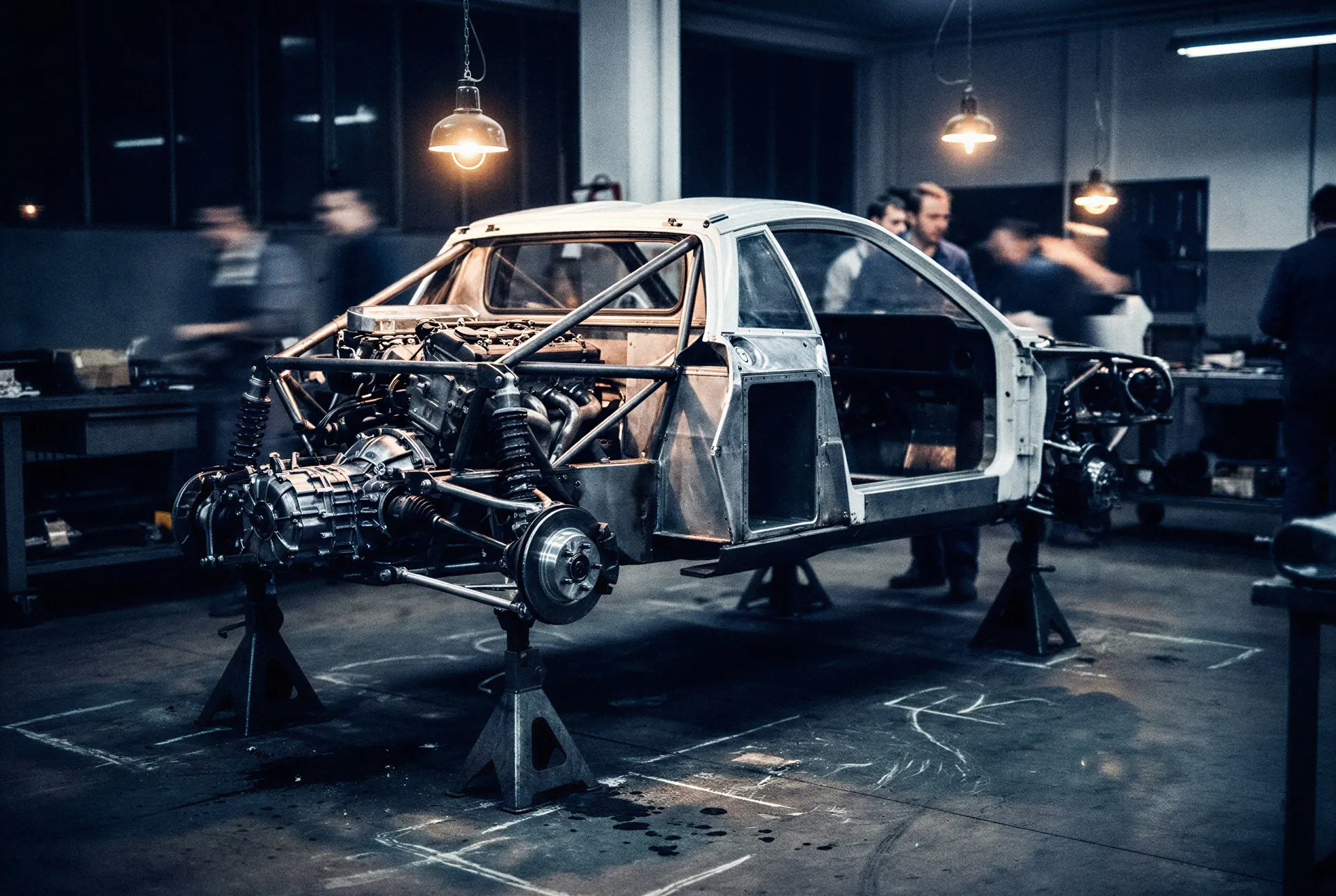 Editorial artwork showing the SE037 longitudinal mid-engine, rear-wheel-drive layout