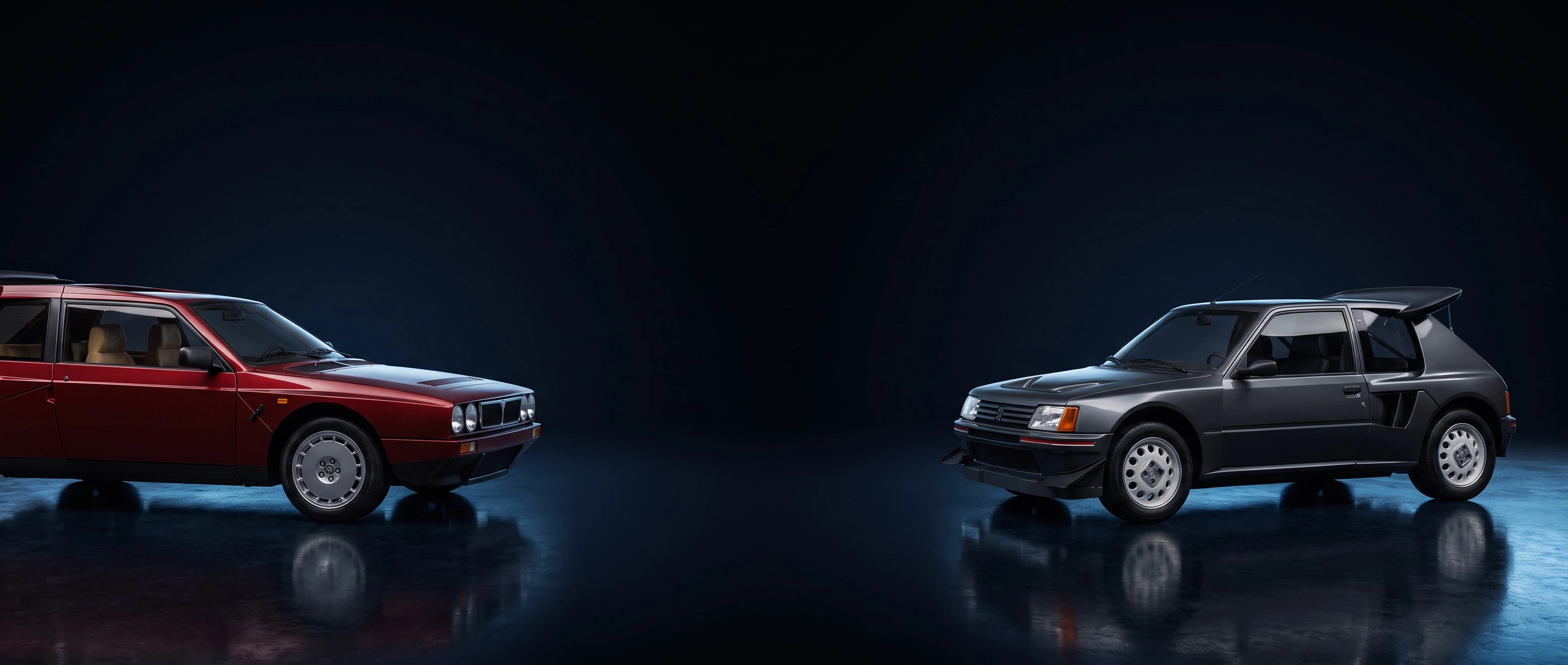 The Delta S4 Stradale and the Peugeot 205 T16 E2 nose to nose across a dark stage