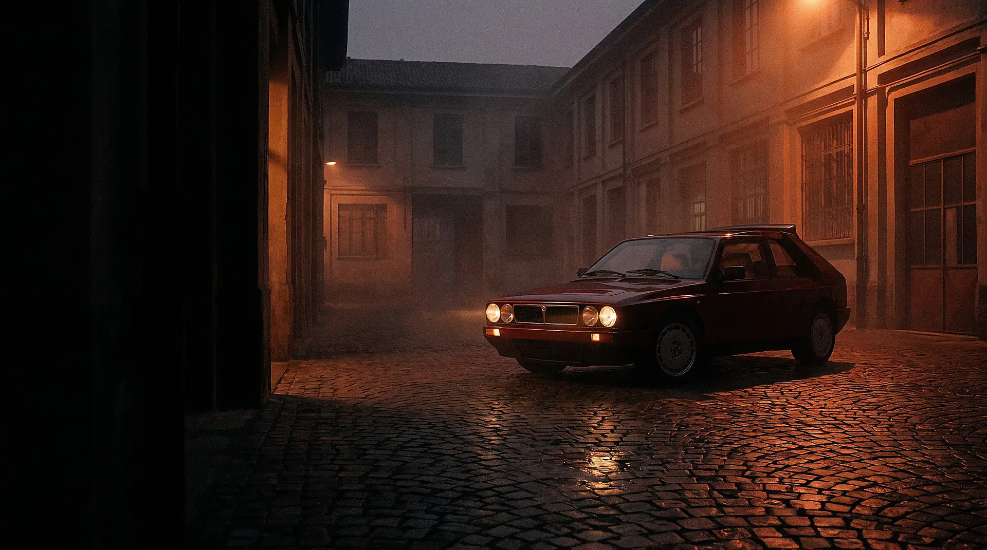 Delta S4 Stradale at dusk in a Turin courtyard — artwork