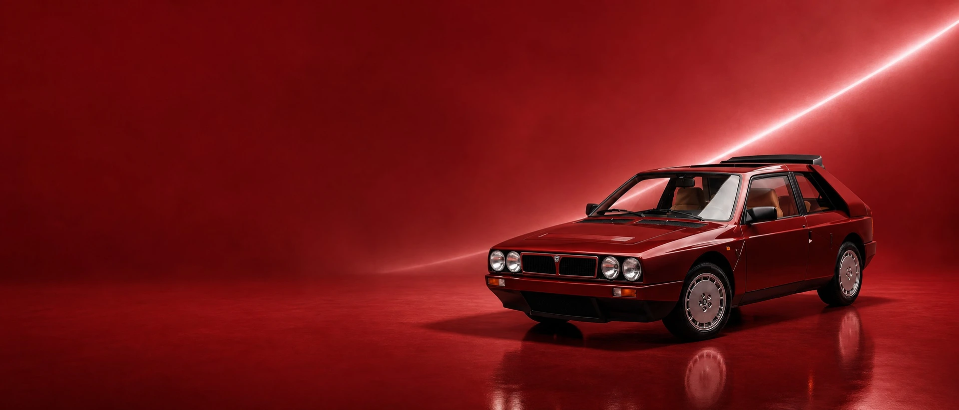 A dark red Lancia Delta S4 Stradale, front three-quarter view on a deep crimson field with a cool white seam of light