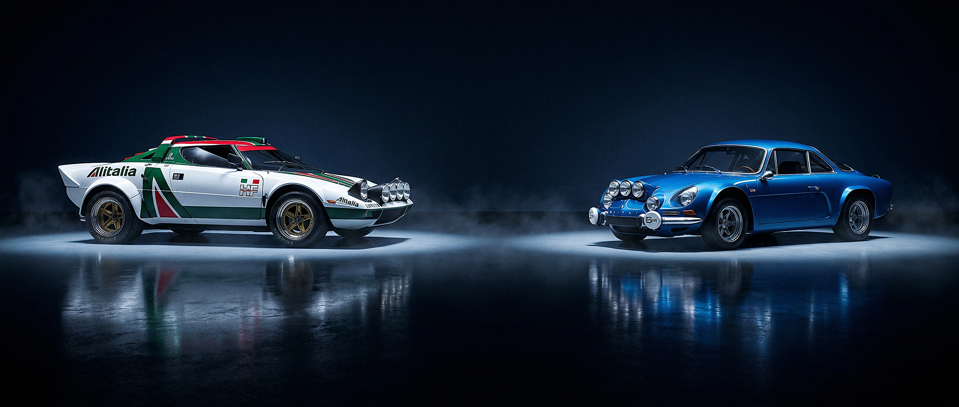 Lancia Stratos HF and Alpine A110 nose to nose across a dark rally stage