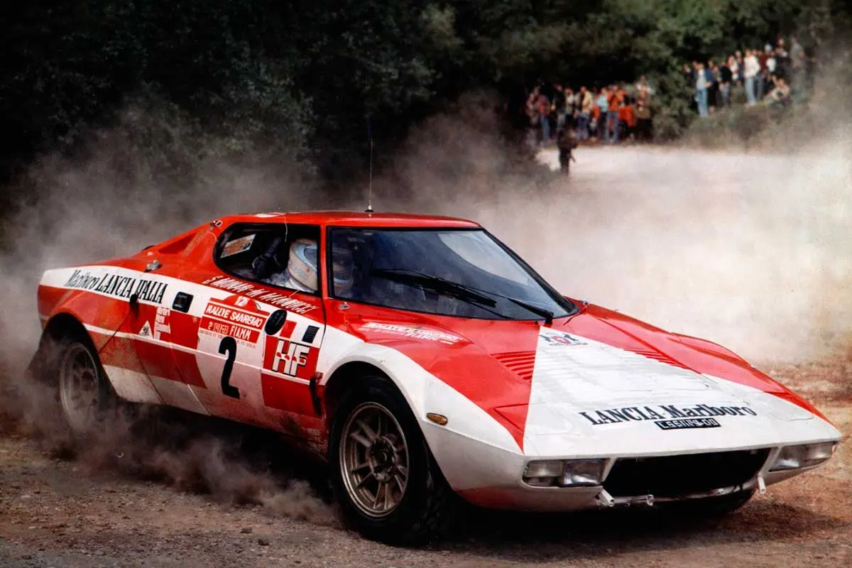 Marlboro-liveried Lancia Stratos on a rally stage
