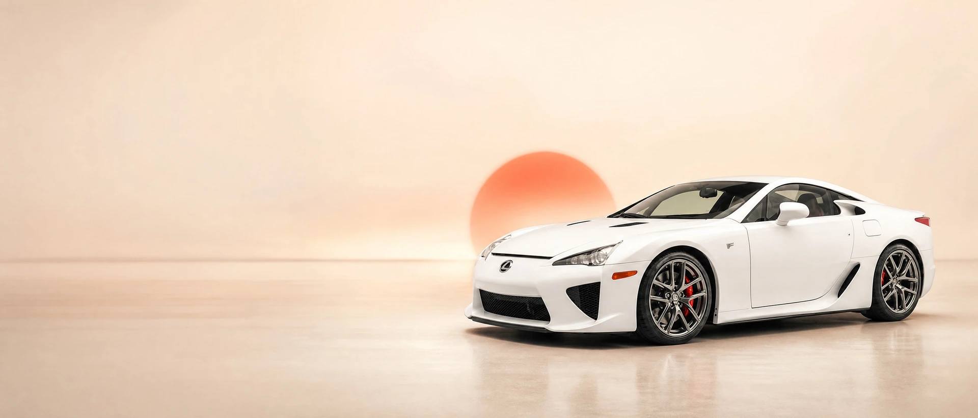 A Lexus LFA, front three-quarter view on an ivory field with a sun disc