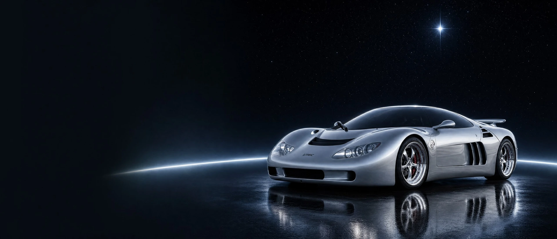 Lotec Sirius in silver, front three-quarter view on a dark stage with a single bright star above