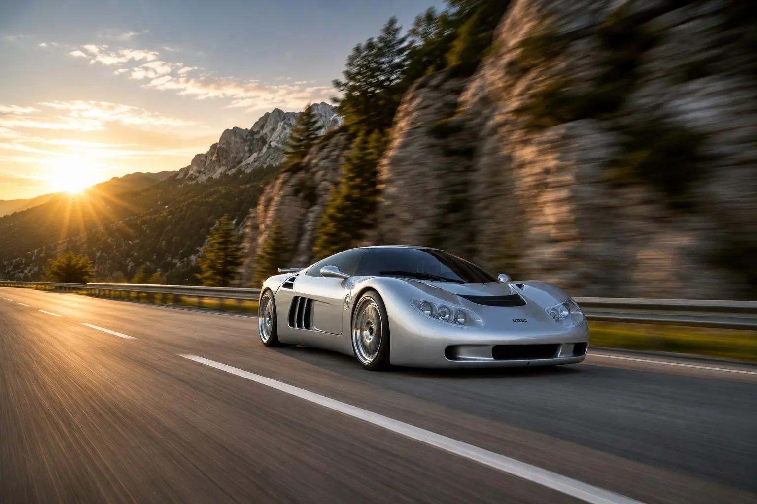 Lotec Sirius driving on an alpine pass at golden hour, official Lotec Legacy imagery
