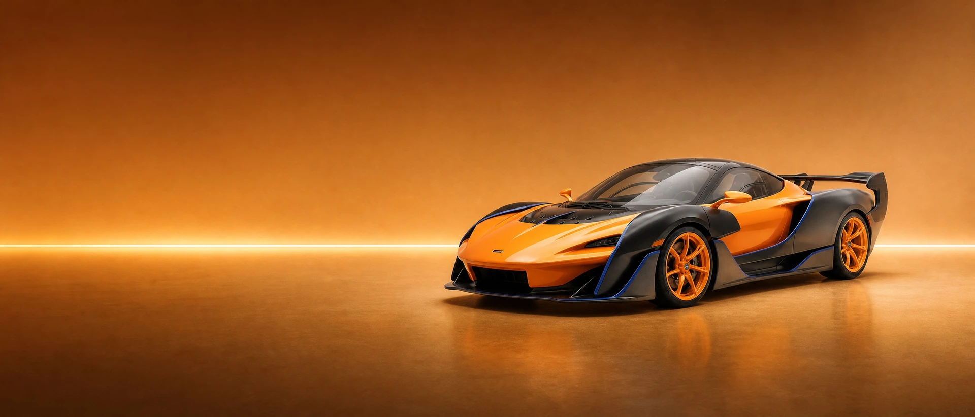 An orange McLaren Sabre, front three-quarter view on a bronze field with a thin bright line