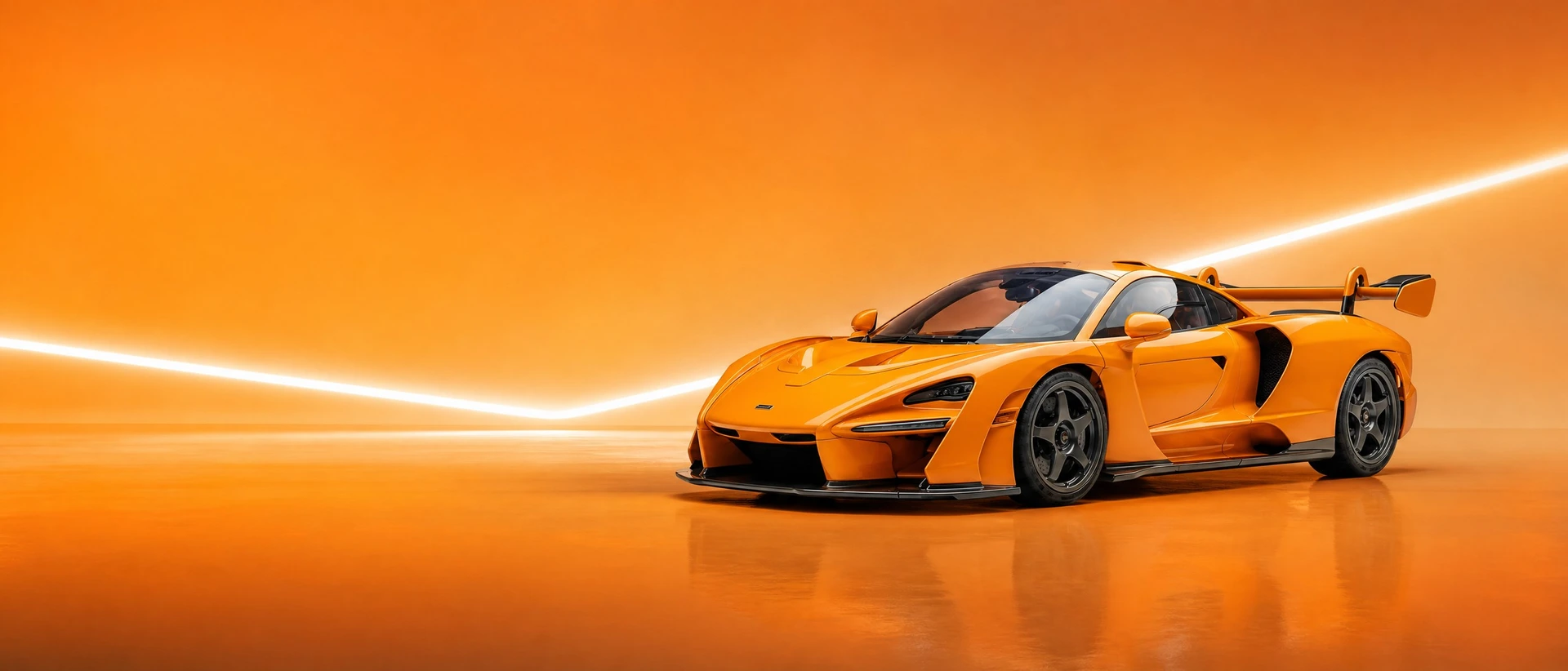 An orange McLaren Senna GTR, front three-quarter view on a papaya field with crossing blades of light