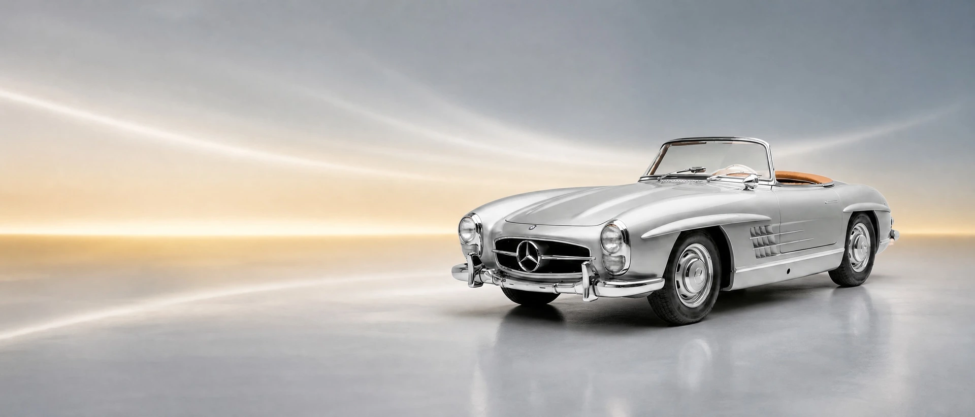 A silver Mercedes-Benz 300 SL Roadster with the roof open, front three-quarter view on a silver-blue field warming to gold