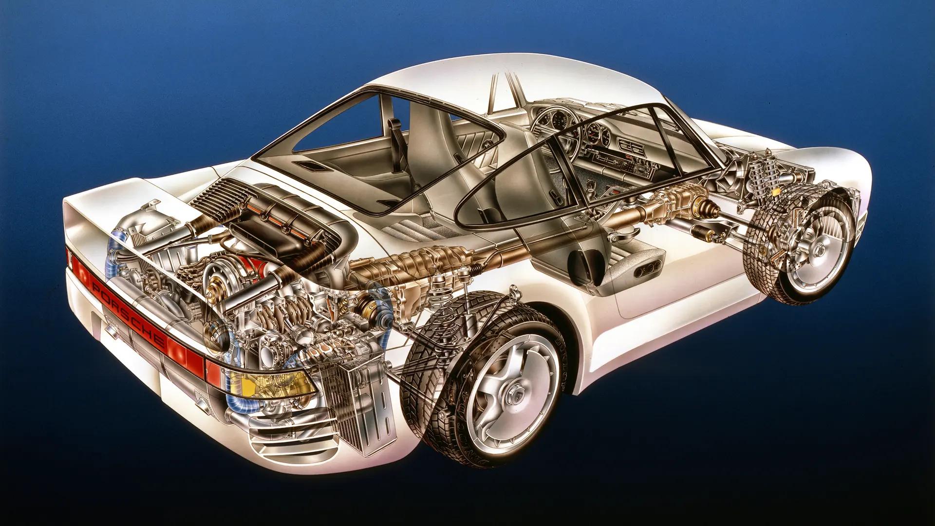 Technical cutaway of the Porsche 959 showing its flat-six, driveline and cabin