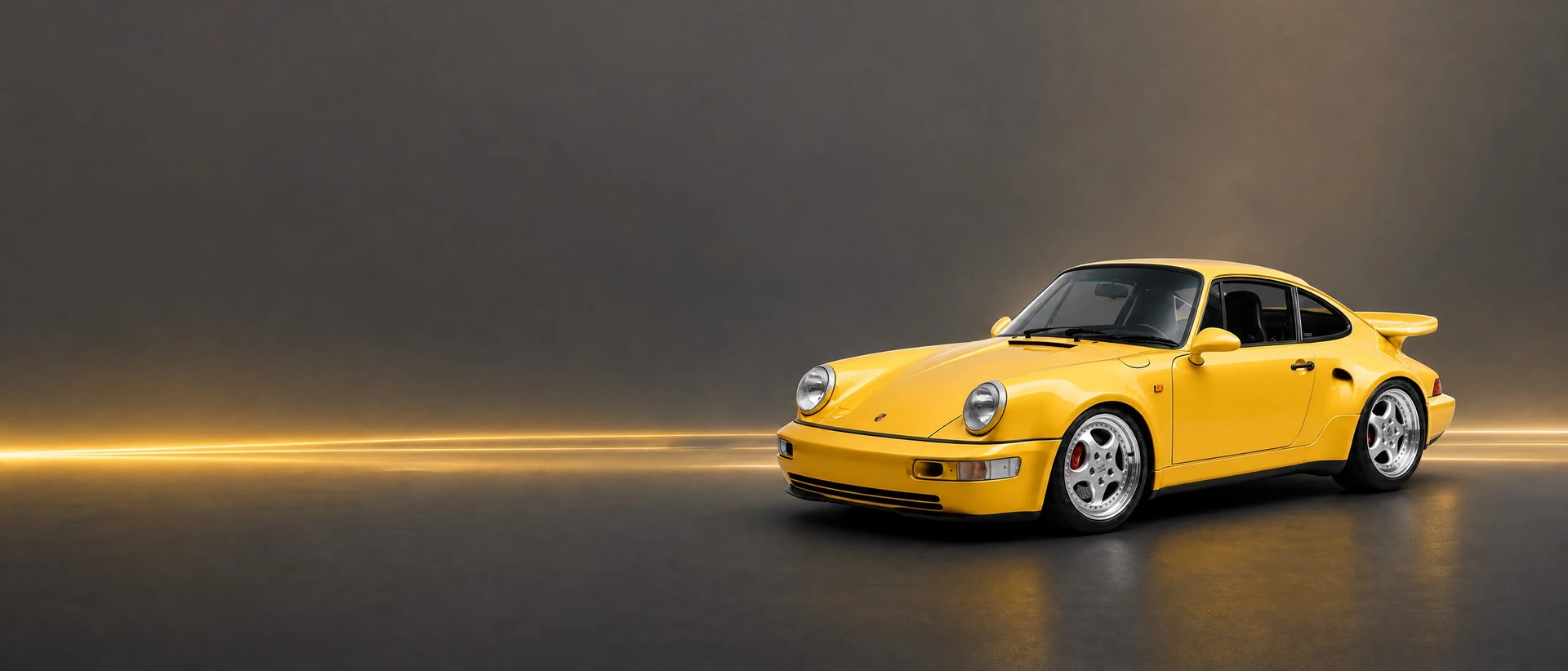 A Speed Yellow Porsche 964 Turbo S Lightweight, front three-quarter view on a graphite field with a yellow light seam
