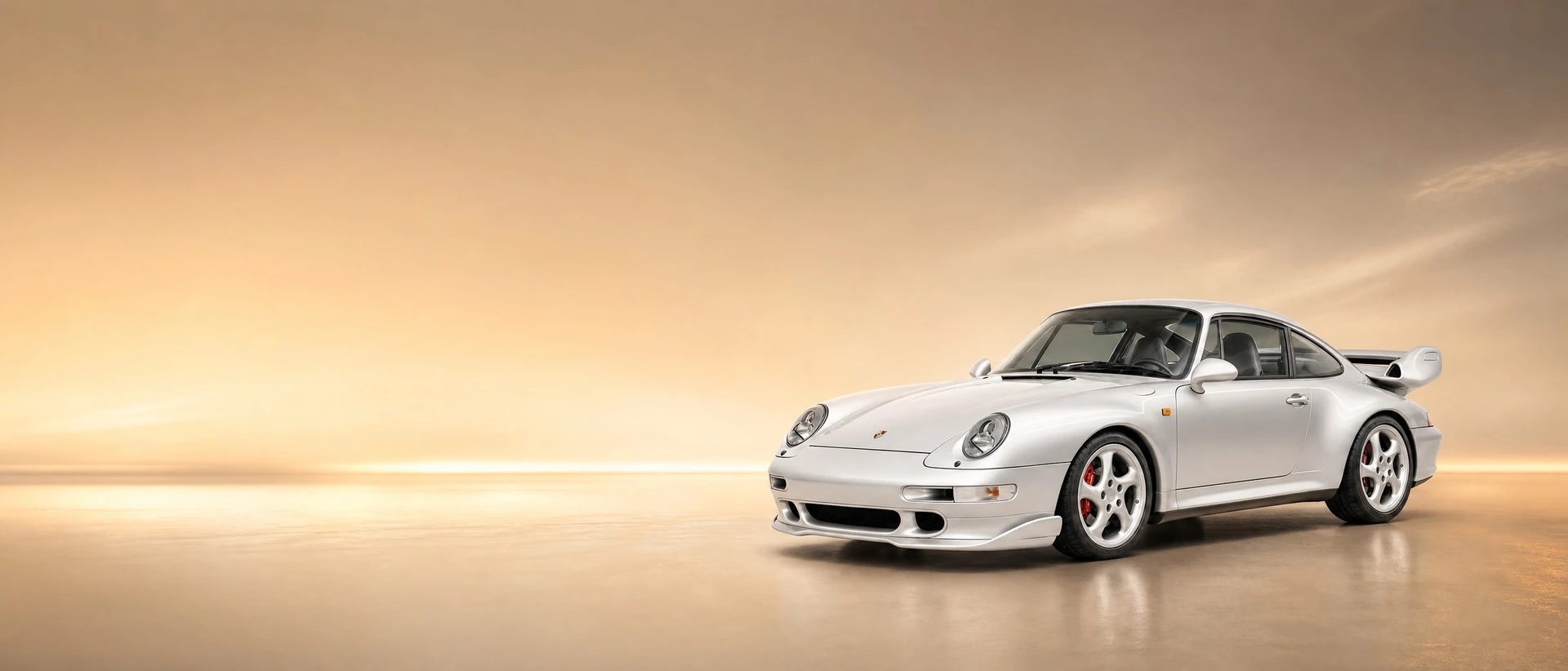A Porsche 993 Turbo S, front three-quarter view on an amber field with golden-hour glow