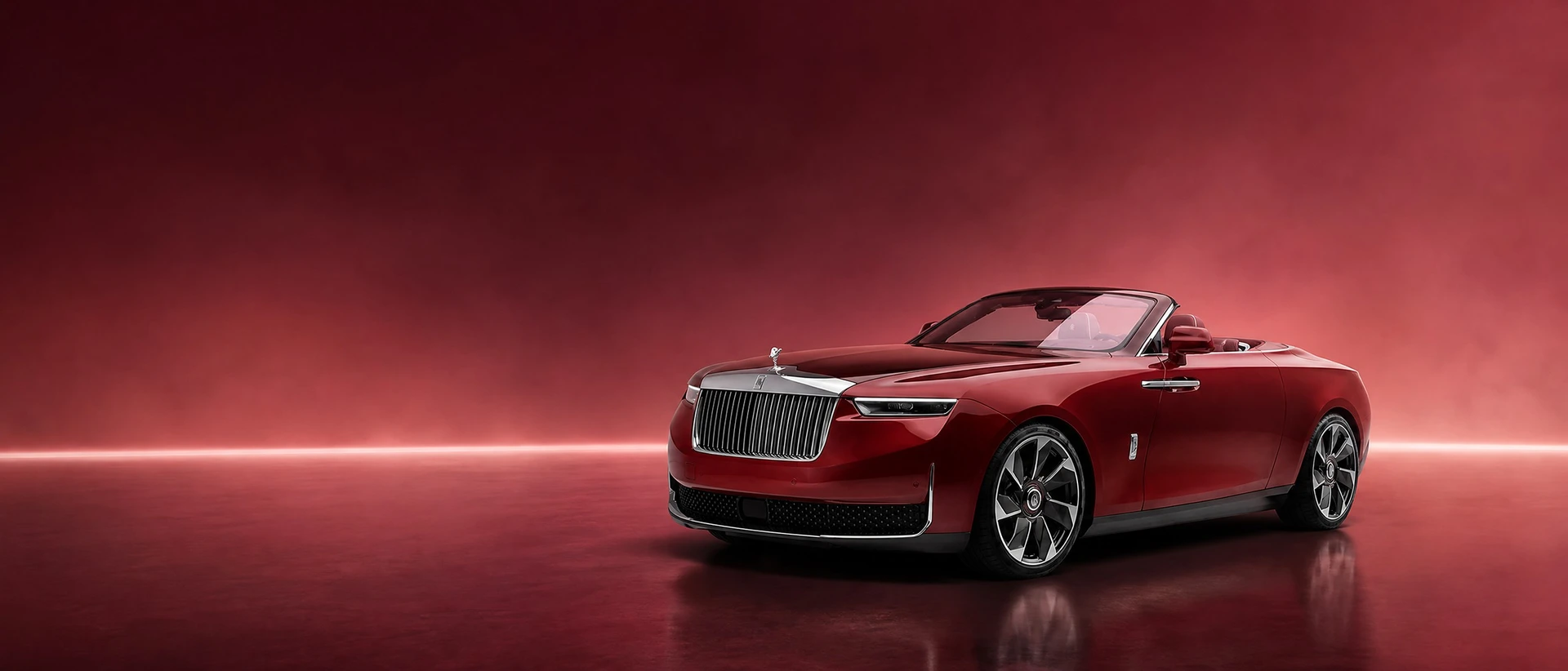 A dark red Rolls-Royce Droptail, front three-quarter view on a rosewood field with a polished light line